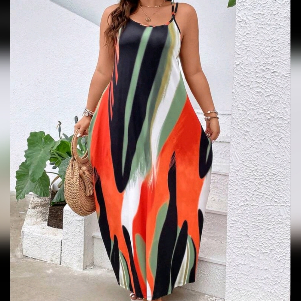 Plus Size Abstract Color Block Print Cami Pocket Maxi Dress Black